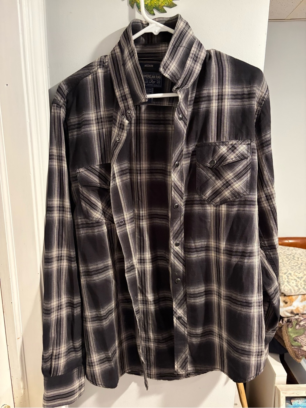 American Rag Black and White Plaid Cotton Button-Down Shirt